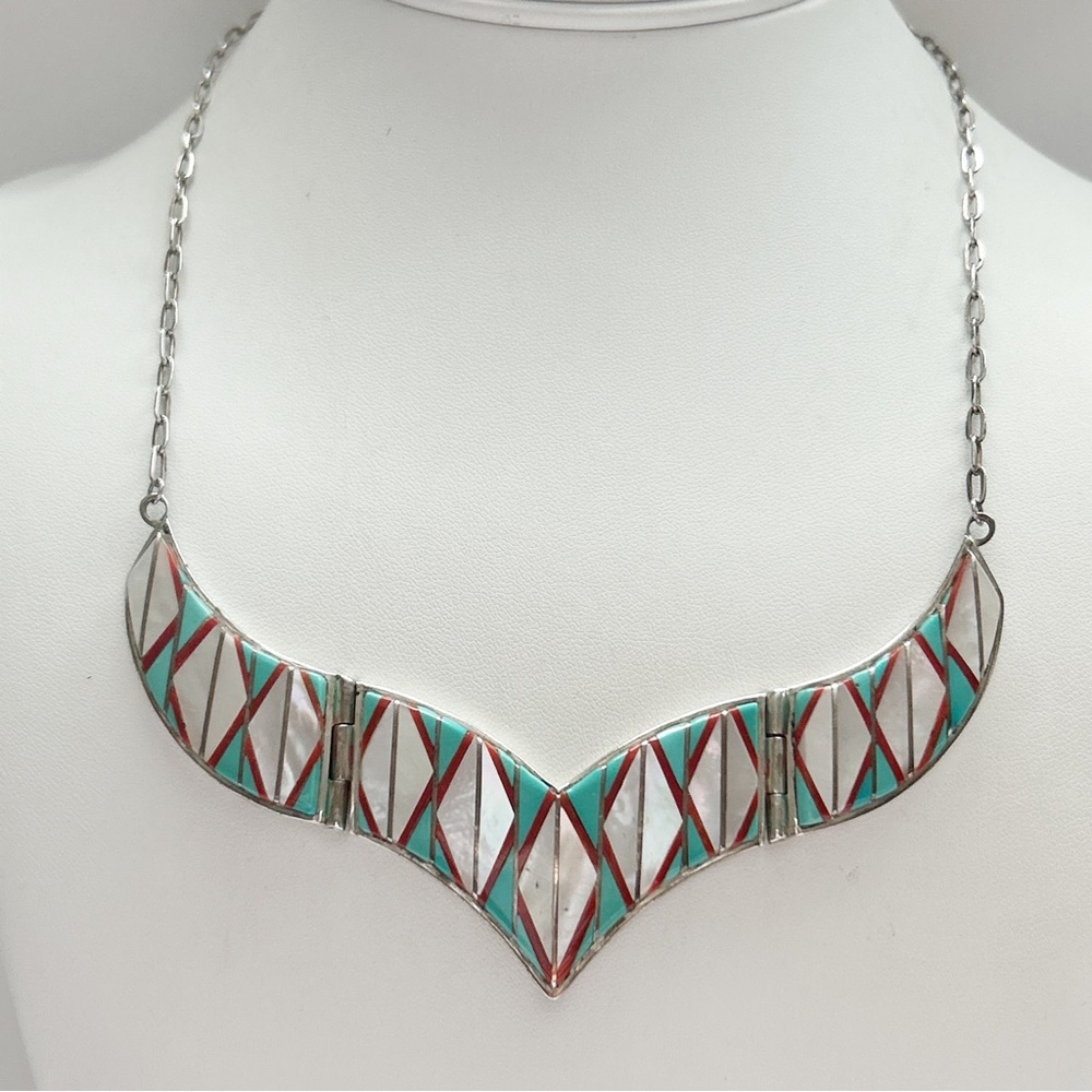 Vintage Signed Zuni Turquoise Mother Pearl Coral Inlay Sterling Silver Necklace